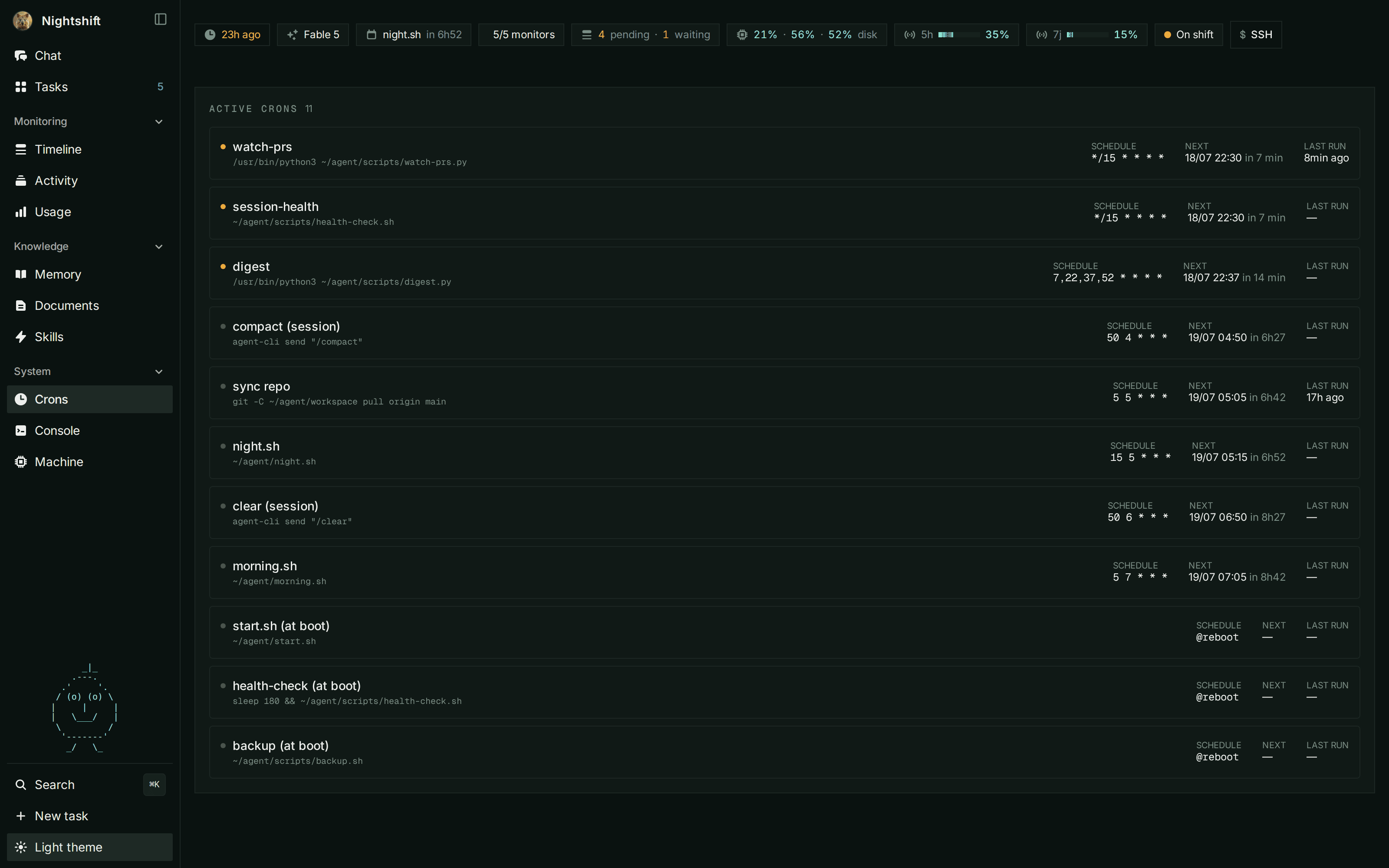 The night schedule itself: audits, execution windows, and the morning report.