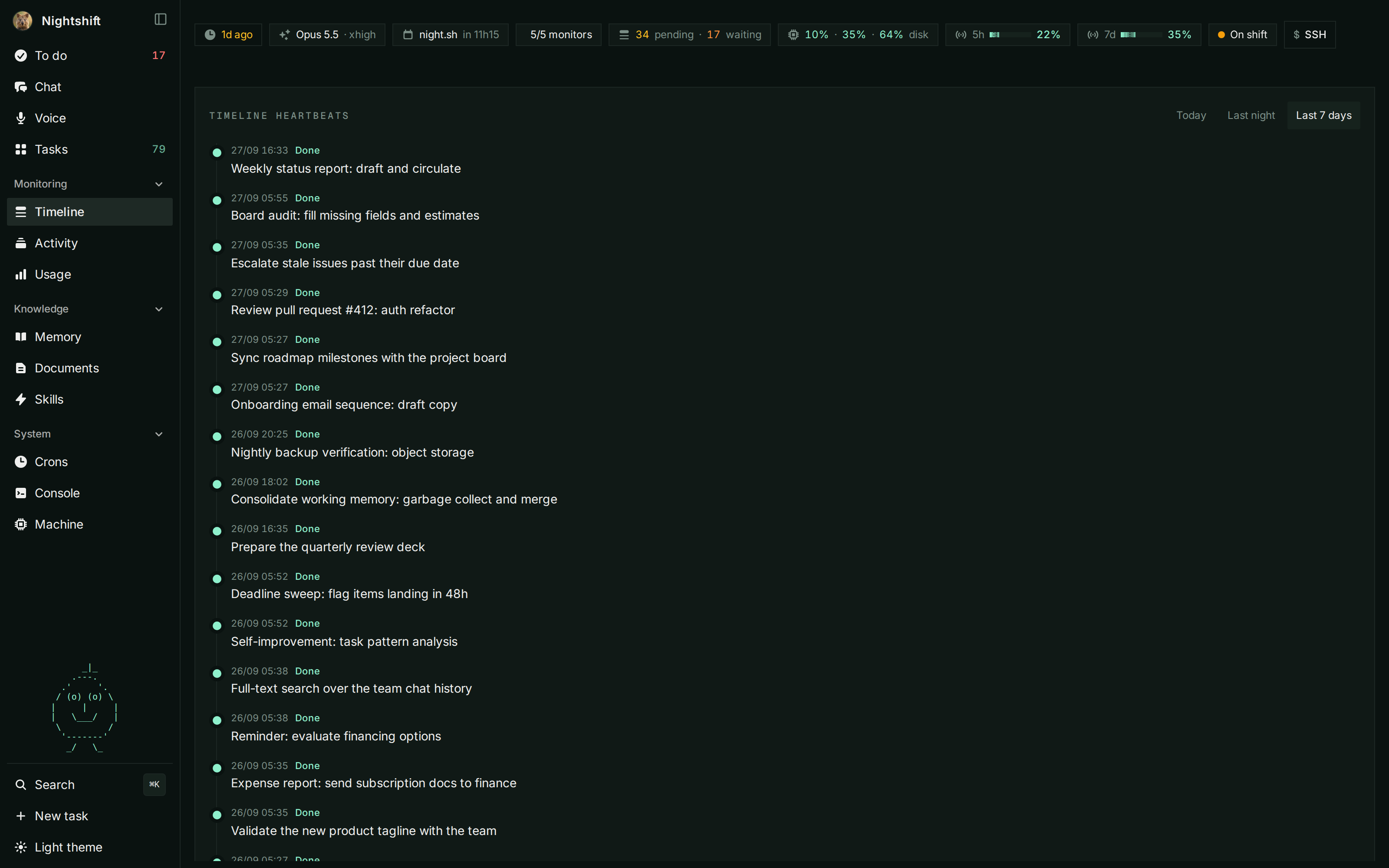 A chronological log of everything the agent completed, night after night.