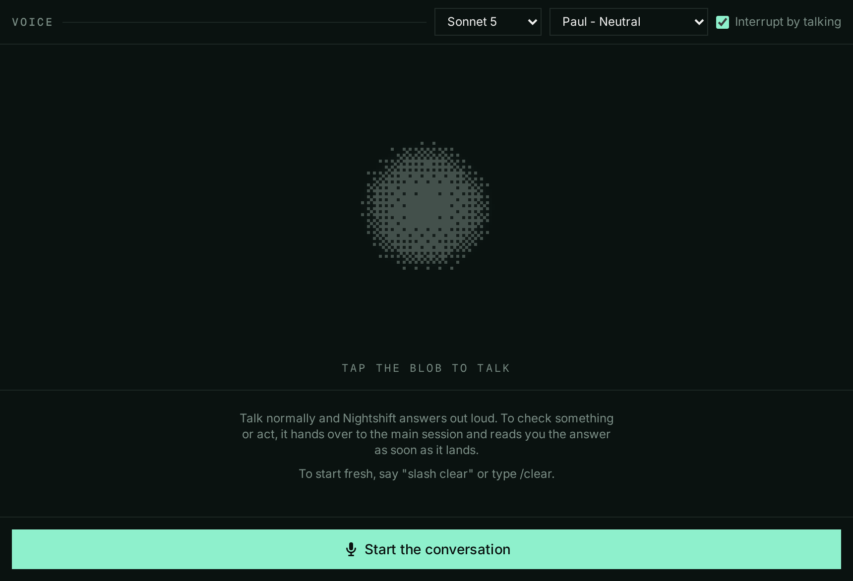 Nightshift voice mode at rest: model and voice settings, the blob you tap to start talking, and the start button
